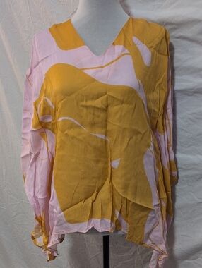 V-Neck Abstract Print Tunic in Pink and Mustard